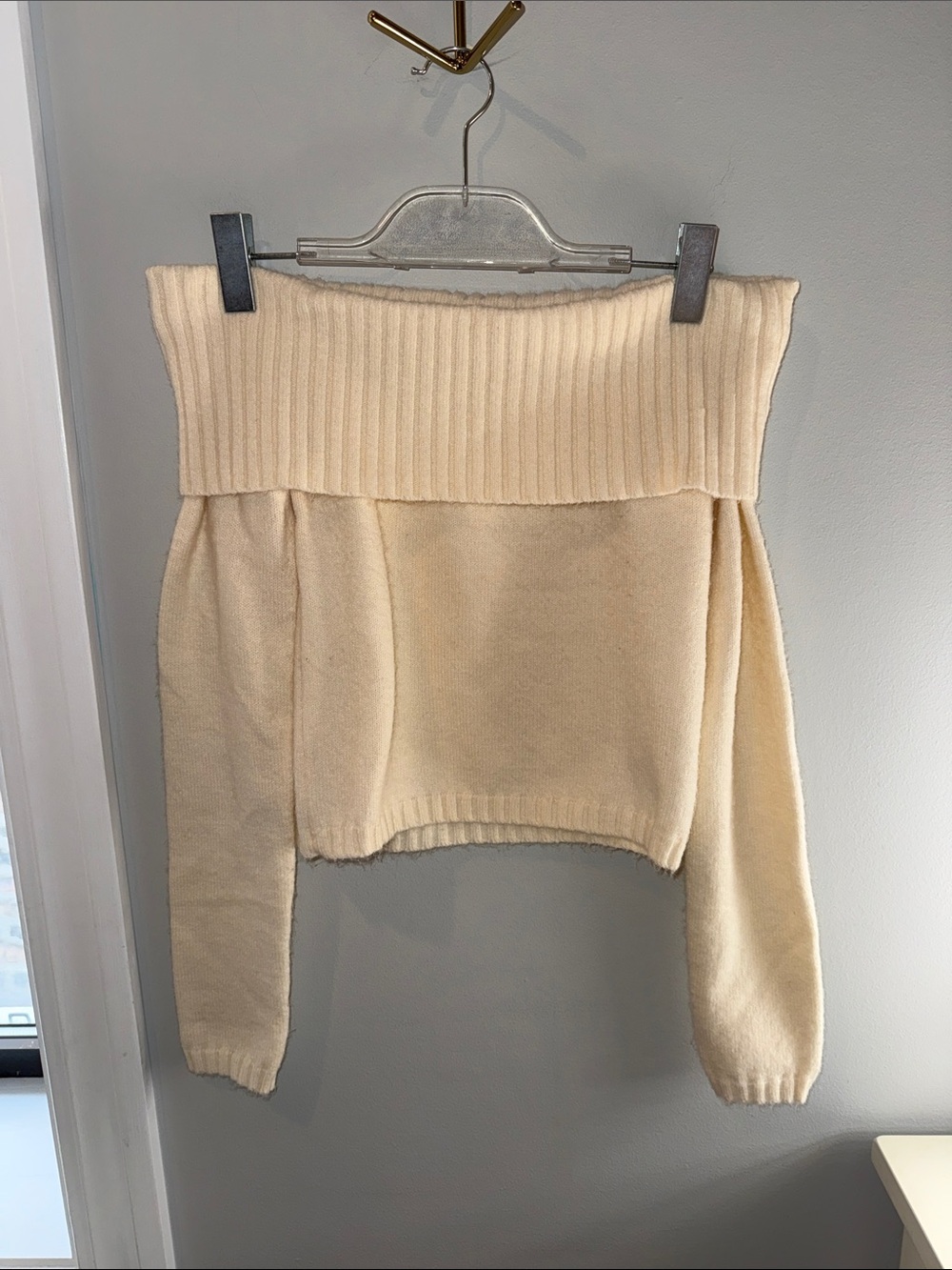 Edikted Off-the-Shoulder Foldover Ribbed Sweater - Cream